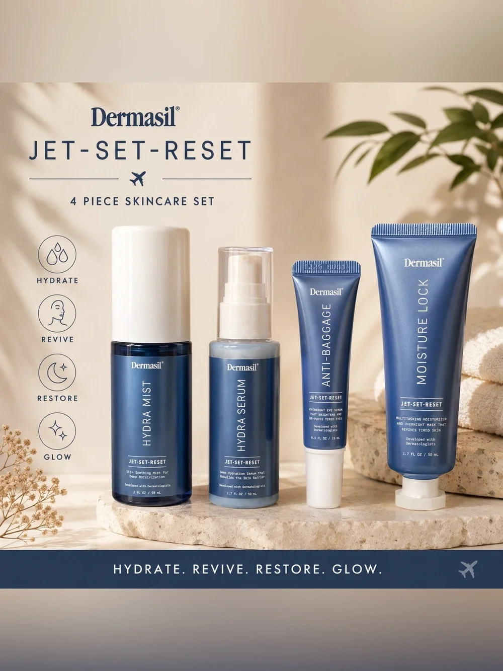 Dermasil Jet-Set-Reset 4 Piece Set. Hydra Mist, Serum, Eye Serum & Moisturizer